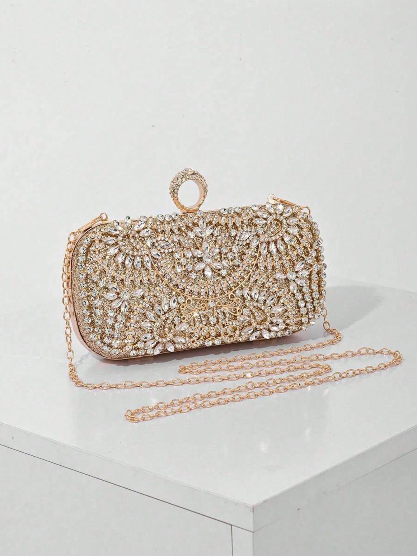 Elegant Women's Crystal Decorated Evening Clutch, Luxury Glittering Box-Shape Handbag Suitable For Weddings, Galas, Formal Events, Party Purse, Women's Top Handle, Shoulder, Crossbody Bag, Perfectly M