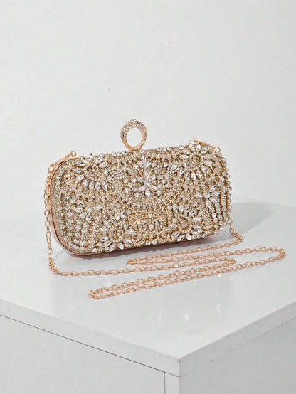 Elegant Women's Crystal Decorated Evening Clutch, Luxury Glittering Box-Shape Handbag Suitable For Weddings, Galas, Formal Events, Party Purse, Women's Top Handle, Shoulder, Crossbody Bag, Perfectly M