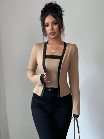 Elenzga 2pcs Women Color Block Elegant Open Front Long Sleeve Top & Camisole Set Fall Cloth For Women