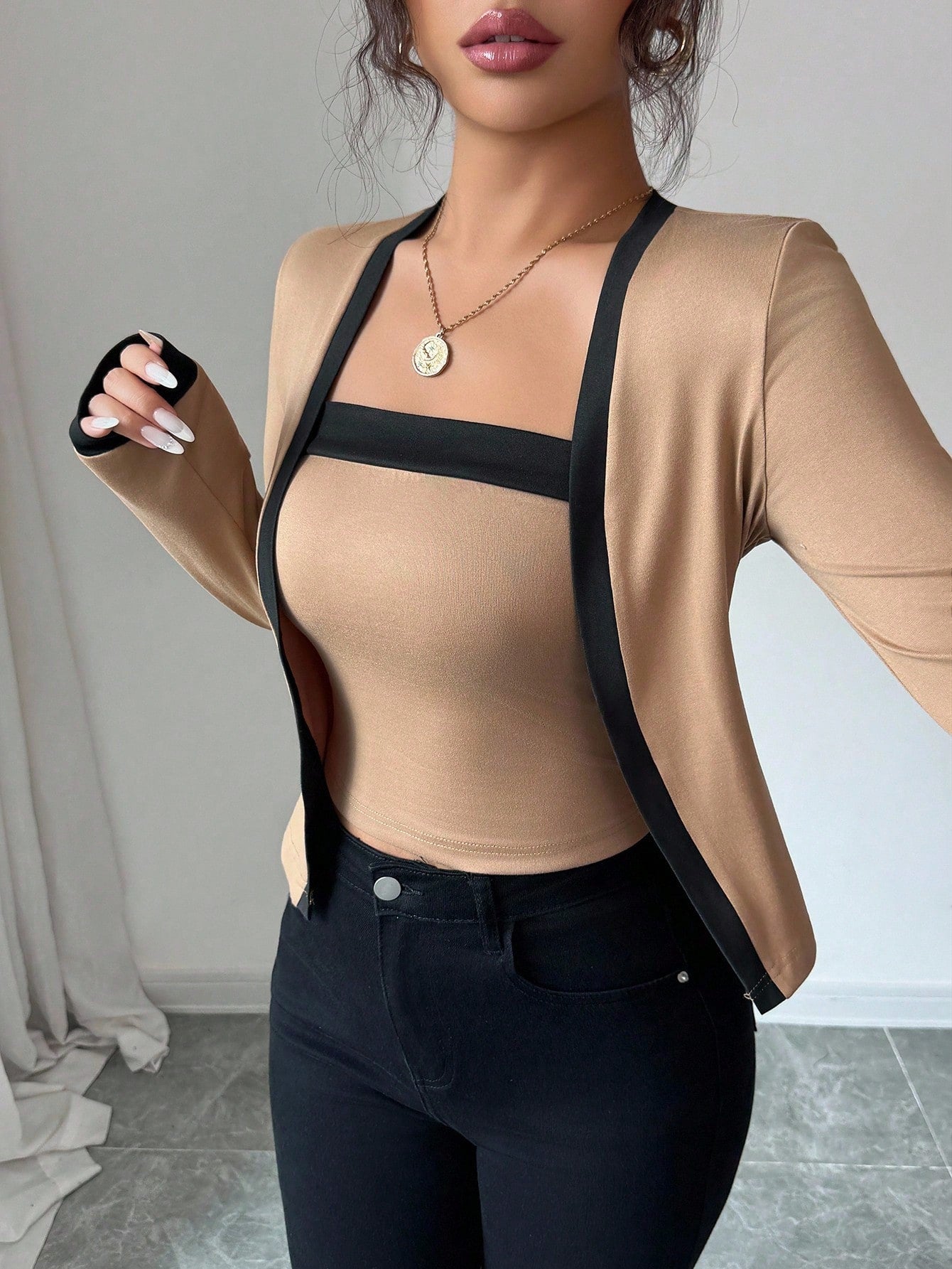 Elenzga 2pcs Women Color Block Elegant Open Front Long Sleeve Top & Camisole Set Fall Cloth For Women