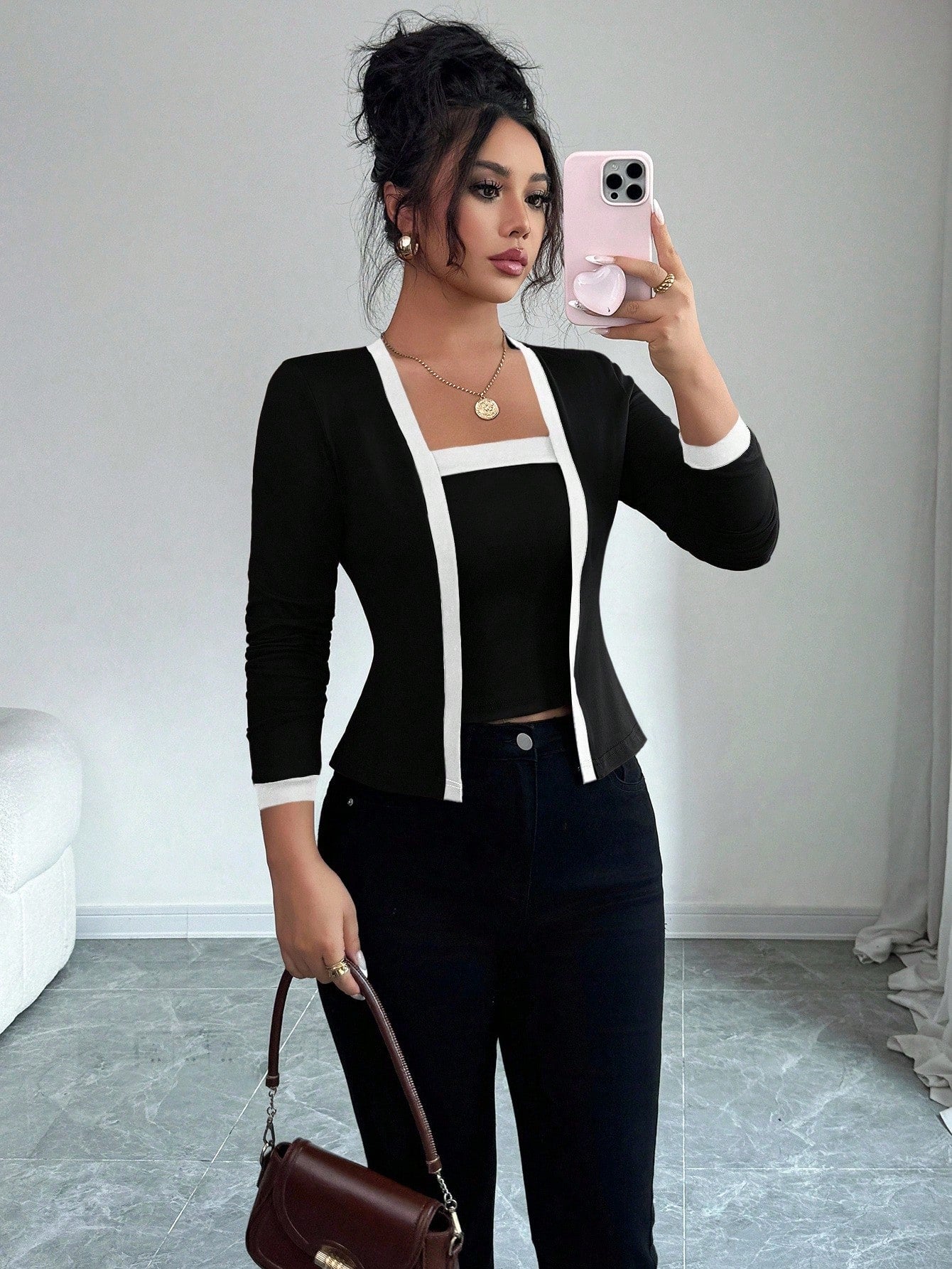 Elenzga 2pcs Women Color Block Elegant Open Front Long Sleeve Top & Camisole Set Fall Cloth For Women