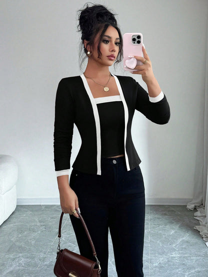Elenzga 2pcs Women Color Block Elegant Open Front Long Sleeve Top & Camisole Set Fall Cloth For Women