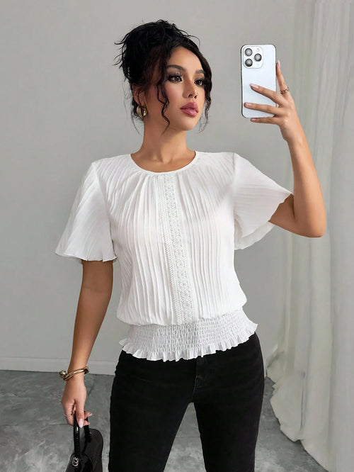 Elenzga PETITE White Summer Elegant Work Women's Casual Blouse,Textured Ruffled Decor Elastic Waist Minimalist Top For Holiday Wear,Smart Casual,Modest