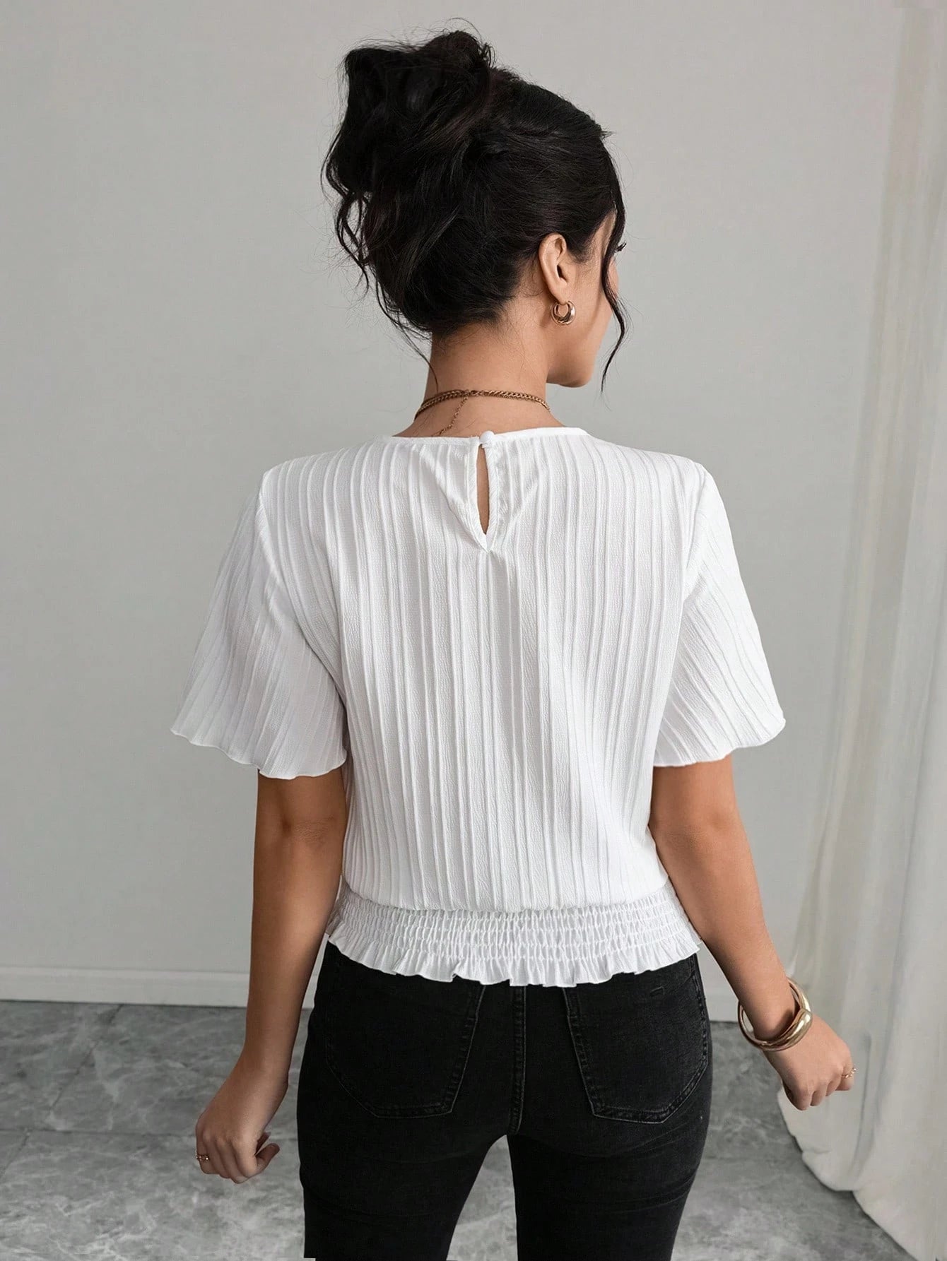 Elenzga PETITE White Summer Elegant Work Women's Casual Blouse,Textured Ruffled Decor Elastic Waist Minimalist Top For Holiday Wear,Smart Casual,Modest