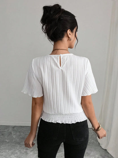 Elenzga PETITE White Summer Elegant Work Women's Casual Blouse,Textured Ruffled Decor Elastic Waist Minimalist Top For Holiday Wear,Smart Casual,Modest
