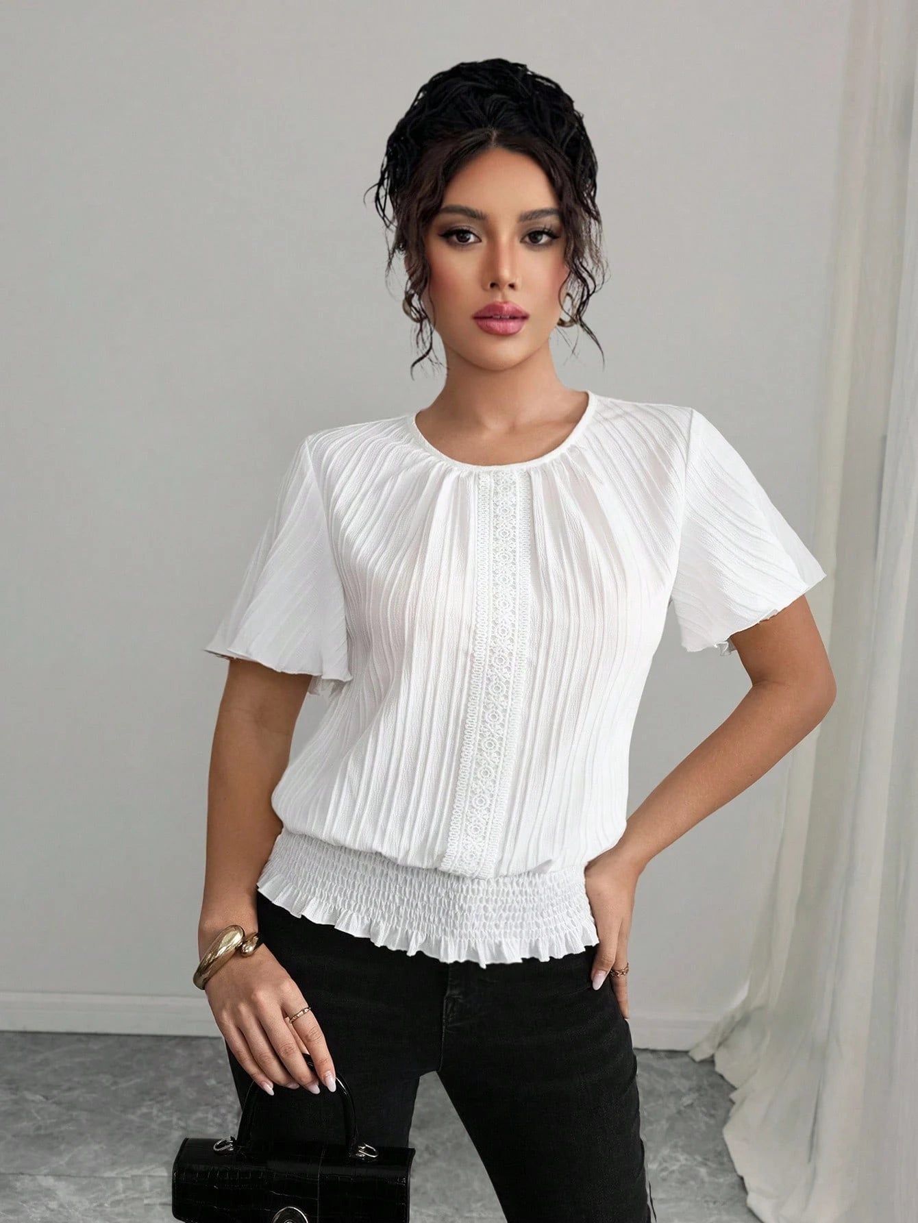 Elenzga PETITE White Summer Elegant Work Women's Casual Blouse,Textured Ruffled Decor Elastic Waist Minimalist Top For Holiday Wear,Smart Casual,Modest