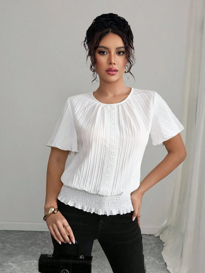 Elenzga PETITE White Summer Elegant Work Women's Casual Blouse,Textured Ruffled Decor Elastic Waist Minimalist Top For Holiday Wear,Smart Casual,Modest