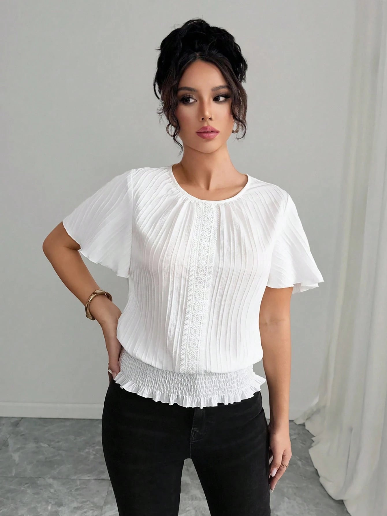 Elenzga PETITE White Summer Elegant Work Women's Casual Blouse,Textured Ruffled Decor Elastic Waist Minimalist Top For Holiday Wear,Smart Casual,Modest