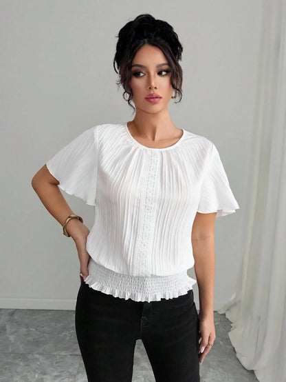 Elenzga PETITE White Summer Elegant Work Women's Casual Blouse,Textured Ruffled Decor Elastic Waist Minimalist Top For Holiday Wear,Smart Casual,Modest