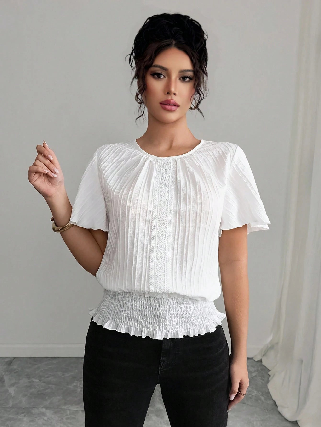 Elenzga PETITE White Summer Elegant Work Women's Casual Blouse,Textured Ruffled Decor Elastic Waist Minimalist Top For Holiday Wear,Smart Casual,Modest