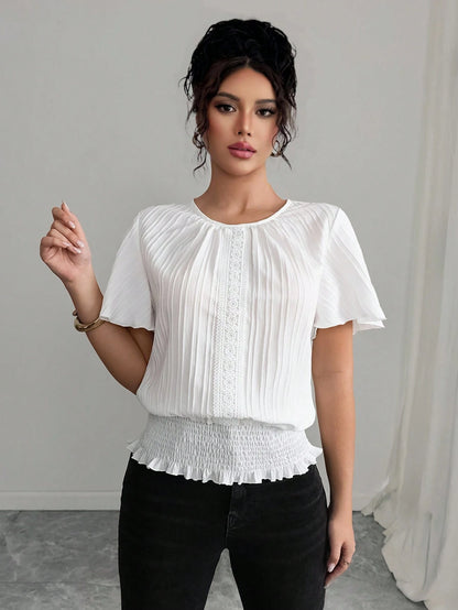 Elenzga PETITE White Summer Elegant Work Women's Casual Blouse,Textured Ruffled Decor Elastic Waist Minimalist Top For Holiday Wear,Smart Casual,Modest