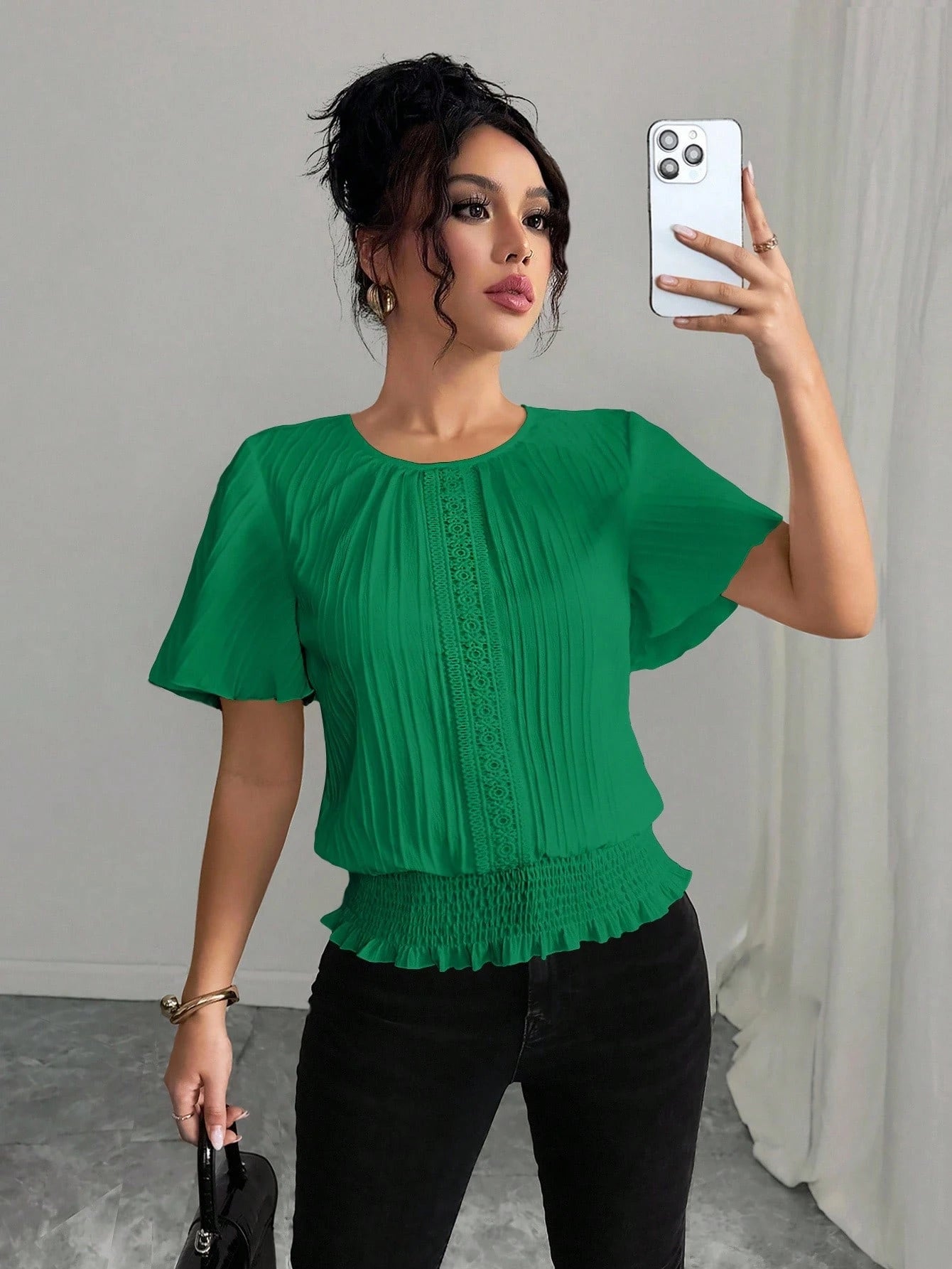 Elenzga PETITE White Summer Elegant Work Women's Casual Blouse,Textured Ruffled Decor Elastic Waist Minimalist Top For Holiday Wear,Smart Casual,Modest
