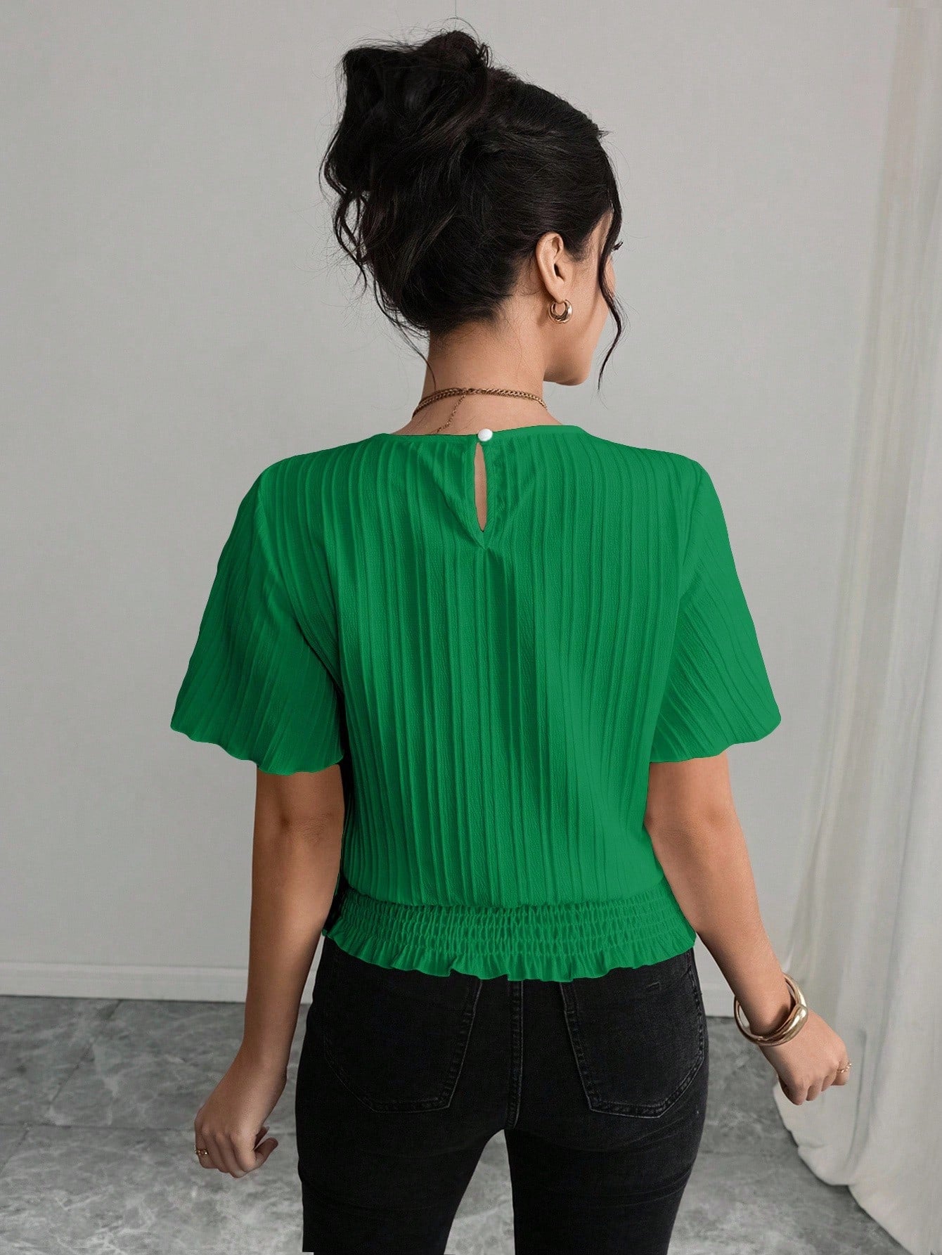 Elenzga PETITE White Summer Elegant Work Women's Casual Blouse,Textured Ruffled Decor Elastic Waist Minimalist Top For Holiday Wear,Smart Casual,Modest