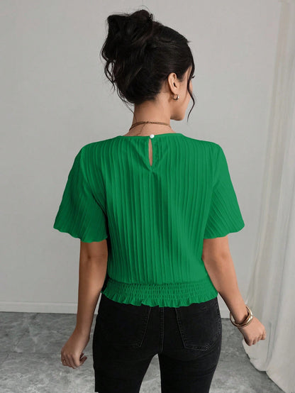 Elenzga PETITE White Summer Elegant Work Women's Casual Blouse,Textured Ruffled Decor Elastic Waist Minimalist Top For Holiday Wear,Smart Casual,Modest