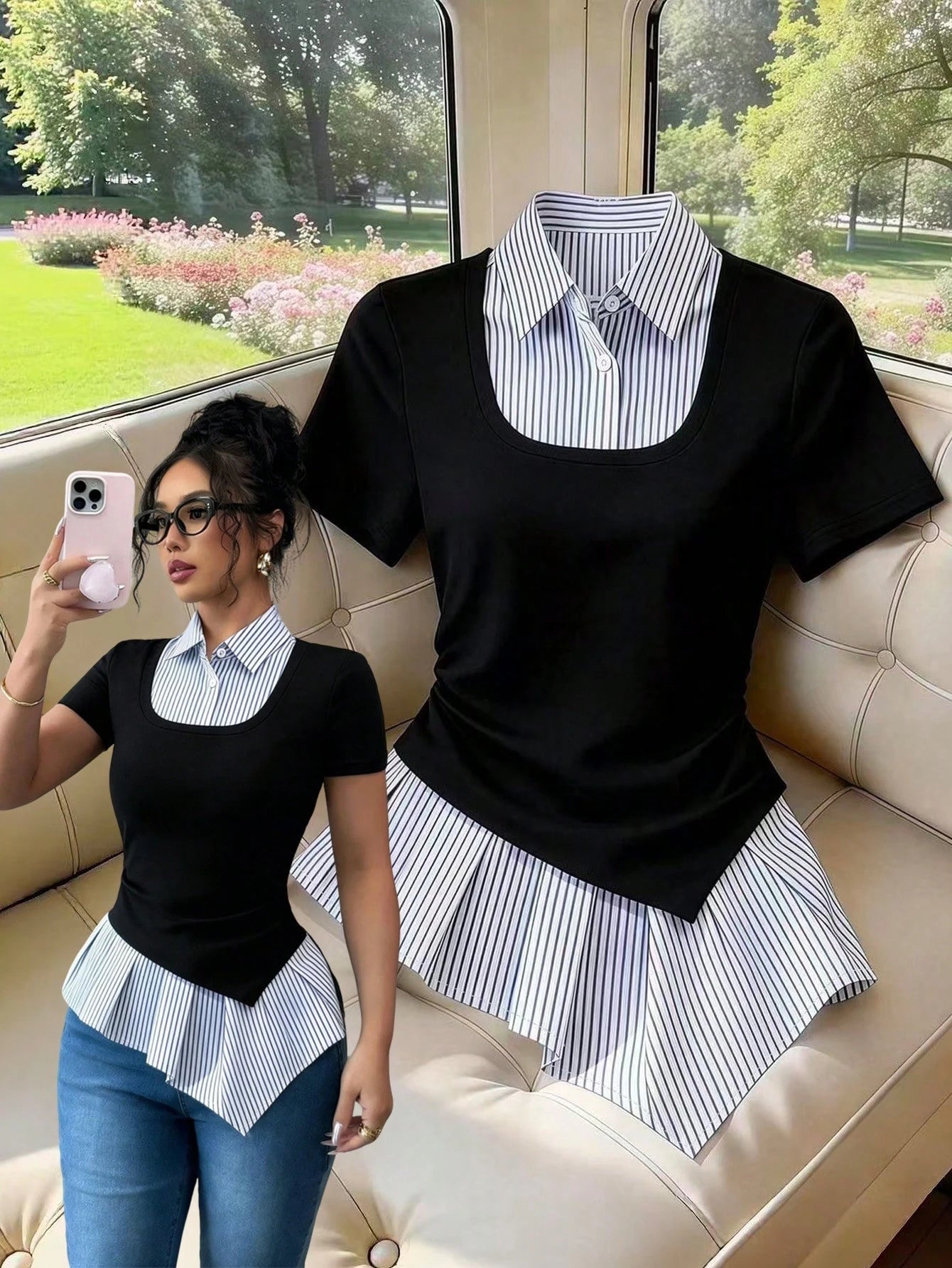 Elenzga Women's Asymmetrical Ruffle Hem Patchwork Black Round Neck Short Sleeve Top, Waist Cinched, Casual Chic College Style