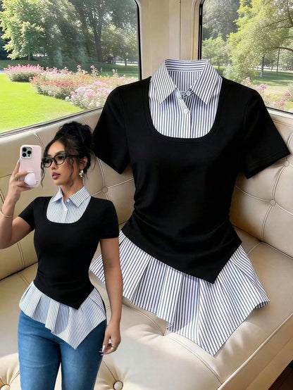 Elenzga Women's Asymmetrical Ruffle Hem Patchwork Black Round Neck Short Sleeve Top, Waist Cinched, Casual Chic College Style