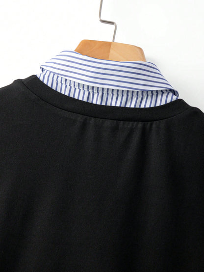 Elenzga Women's Asymmetrical Ruffle Hem Patchwork Black Round Neck Short Sleeve Top, Waist Cinched, Casual Chic College Style