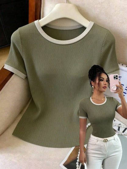 Elenzga Women's Casual Patchwork Short Sleeve T-Shirt, Versatile For Daily Wear