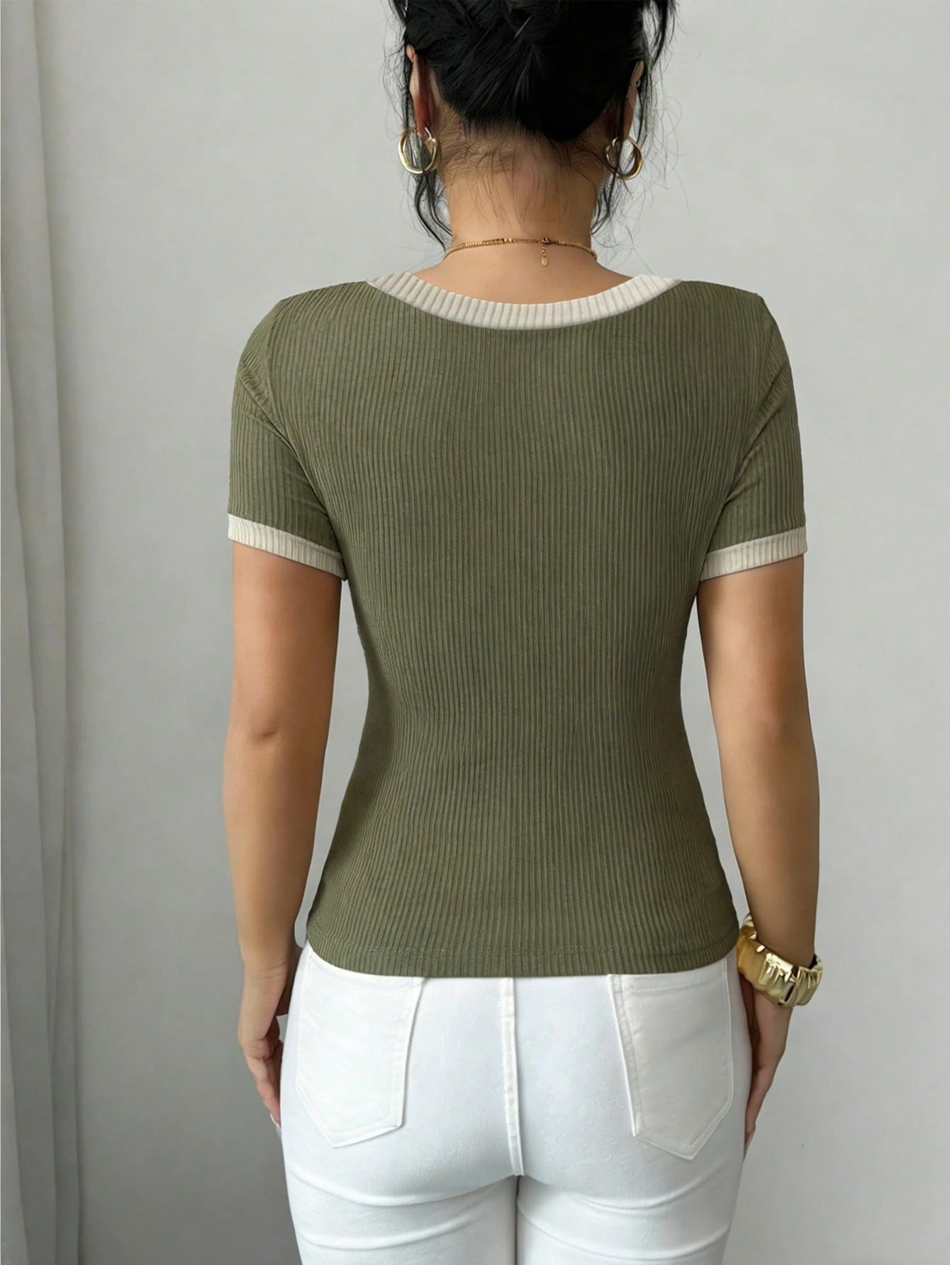 Elenzga Women's Casual Patchwork Short Sleeve T-Shirt, Versatile For Daily Wear