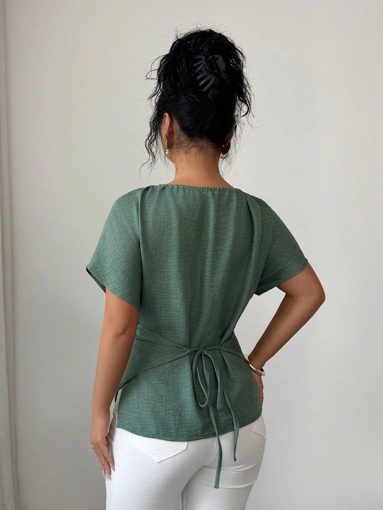 Elenzga Women's Elegant Sage Green Shirt,Summer Casual Brunch Round Neck Wooden Beads Button Shoulder Short Sleeve Waist Cross Twist Back Bow Tie Design
