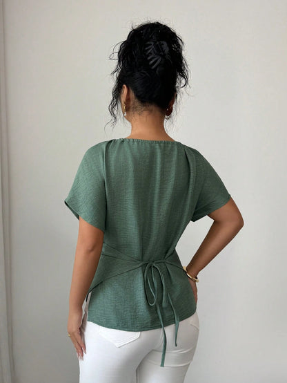 Elenzga Women's Elegant Sage Green Shirt,Summer Casual Brunch Round Neck Wooden Beads Button Shoulder Short Sleeve Waist Cross Twist Back Bow Tie Design