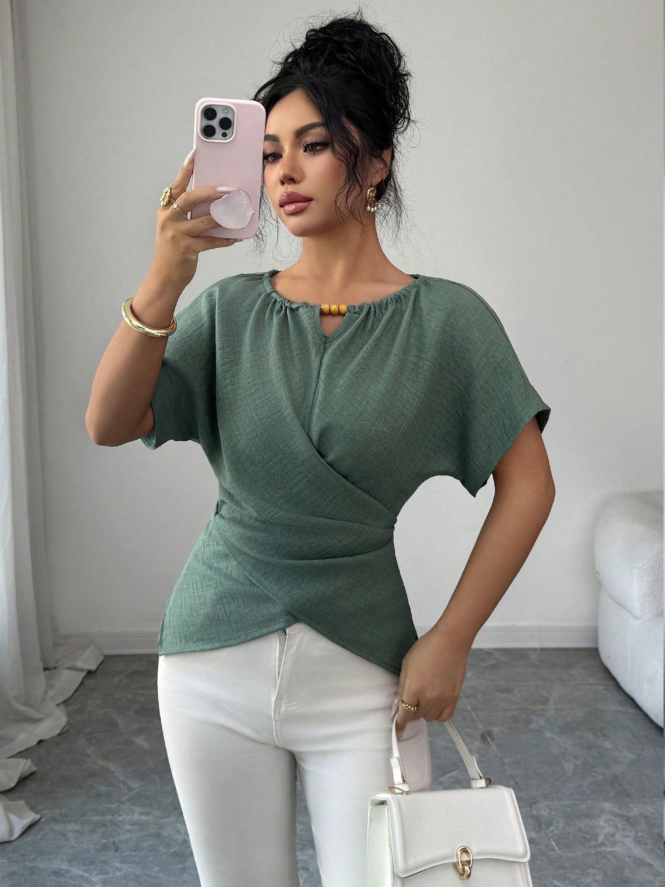 Elenzga Women's Elegant Sage Green Shirt,Summer Casual Brunch Round Neck Wooden Beads Button Shoulder Short Sleeve Waist Cross Twist Back Bow Tie Design
