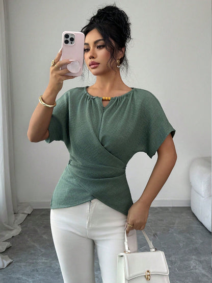 Elenzga Women's Elegant Sage Green Shirt,Summer Casual Brunch Round Neck Wooden Beads Button Shoulder Short Sleeve Waist Cross Twist Back Bow Tie Design