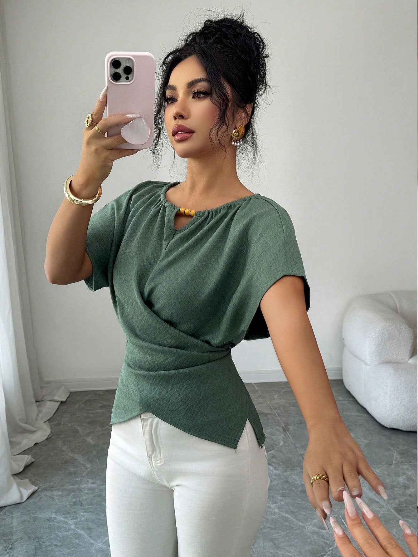 Elenzga Women's Elegant Sage Green Shirt,Summer Casual Brunch Round Neck Wooden Beads Button Shoulder Short Sleeve Waist Cross Twist Back Bow Tie Design