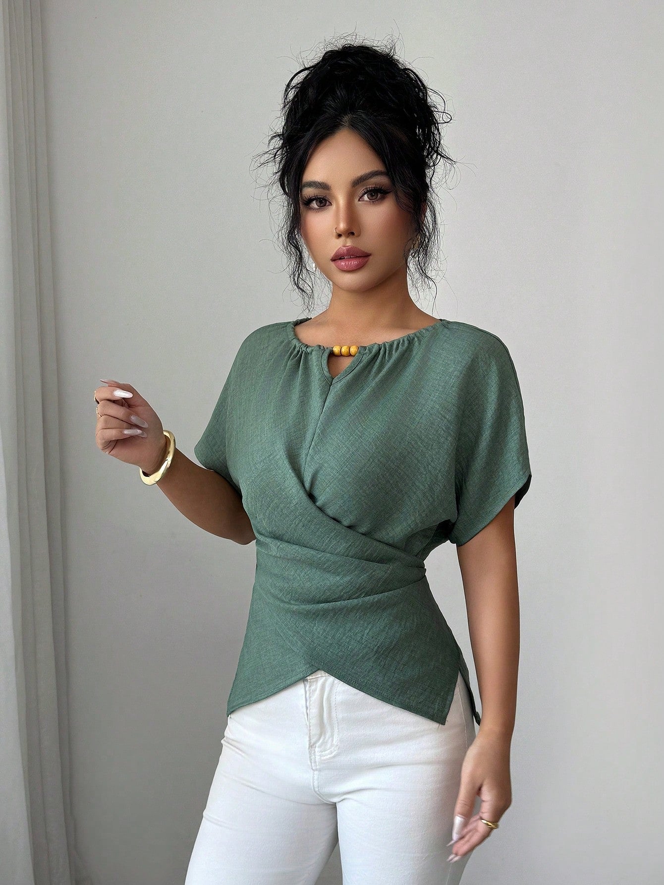 Elenzga Women's Elegant Sage Green Shirt,Summer Casual Brunch Round Neck Wooden Beads Button Shoulder Short Sleeve Waist Cross Twist Back Bow Tie Design