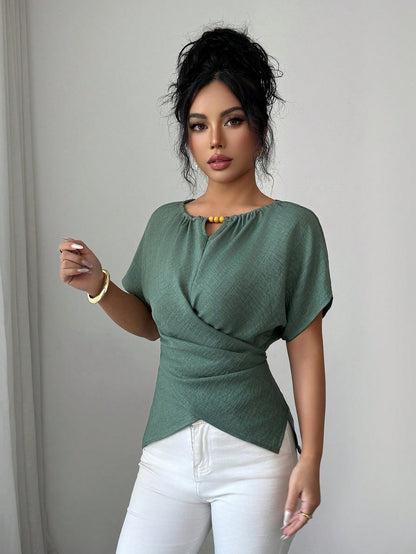 Elenzga Women's Elegant Sage Green Shirt,Summer Casual Brunch Round Neck Wooden Beads Button Shoulder Short Sleeve Waist Cross Twist Back Bow Tie Design