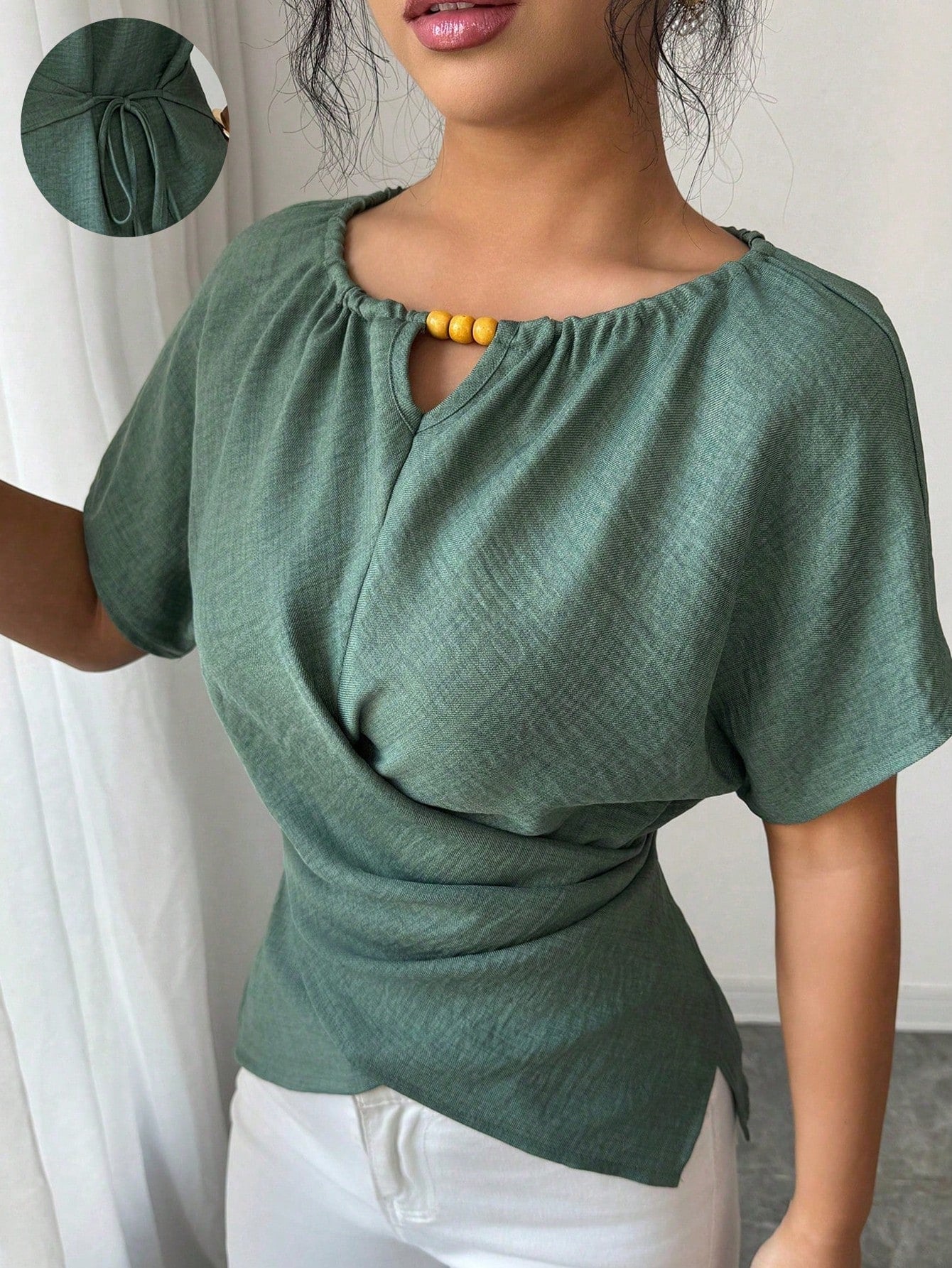 Elenzga Women's Elegant Sage Green Shirt,Summer Casual Brunch Round Neck Wooden Beads Button Shoulder Short Sleeve Waist Cross Twist Back Bow Tie Design