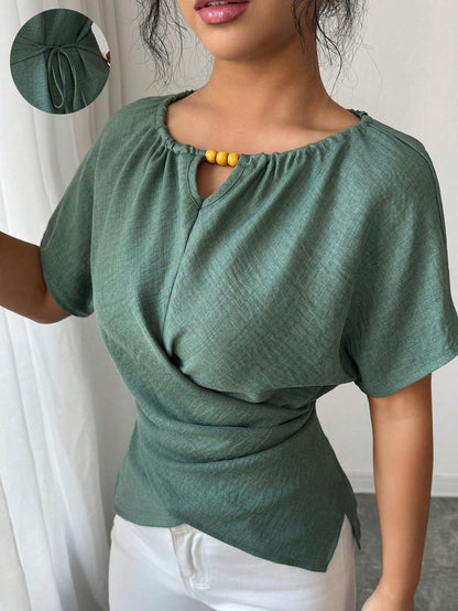 Elenzga Women's Elegant Sage Green Shirt,Summer Casual Brunch Round Neck Wooden Beads Button Shoulder Short Sleeve Waist Cross Twist Back Bow Tie Design