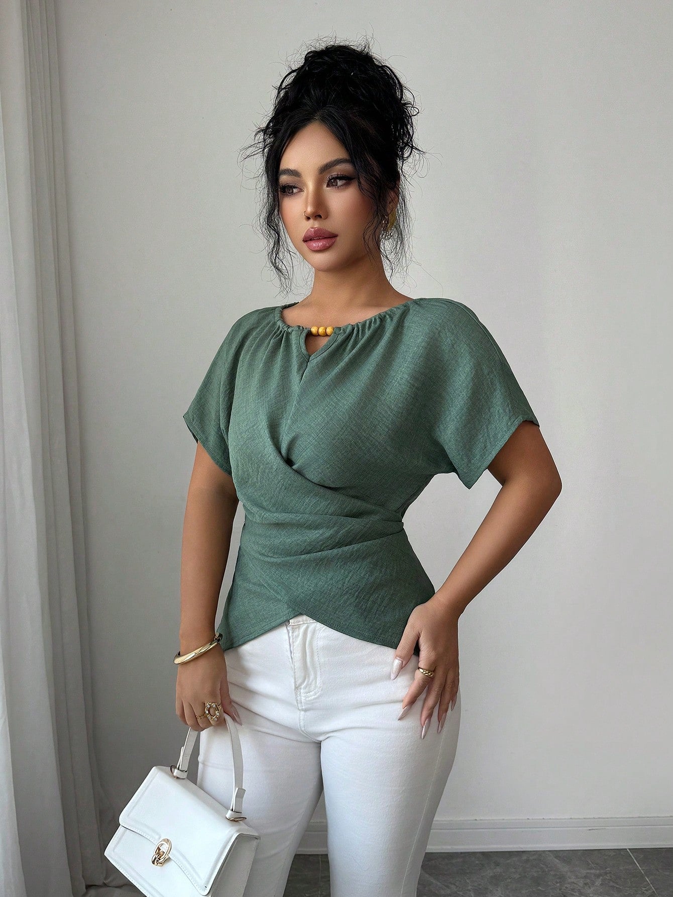 Elenzga Women's Elegant Sage Green Shirt,Summer Casual Brunch Round Neck Wooden Beads Button Shoulder Short Sleeve Waist Cross Twist Back Bow Tie Design