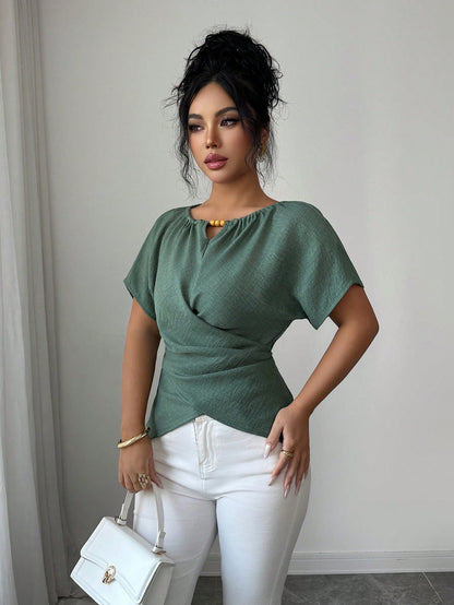 Elenzga Women's Elegant Sage Green Shirt,Summer Casual Brunch Round Neck Wooden Beads Button Shoulder Short Sleeve Waist Cross Twist Back Bow Tie Design