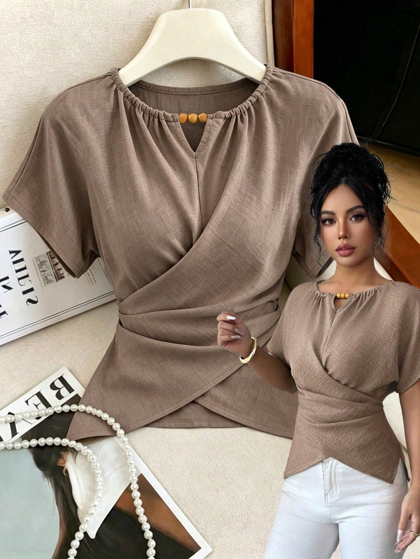 Elenzga Women's Elegant Sage Green Shirt,Summer Casual Brunch Round Neck Wooden Beads Button Shoulder Short Sleeve Waist Cross Twist Back Bow Tie Design