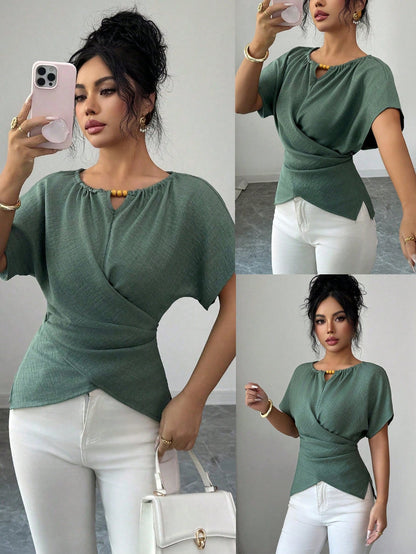 Elenzga Women's Elegant Sage Green Shirt,Summer Casual Brunch Round Neck Wooden Beads Button Shoulder Short Sleeve Waist Cross Twist Back Bow Tie Design