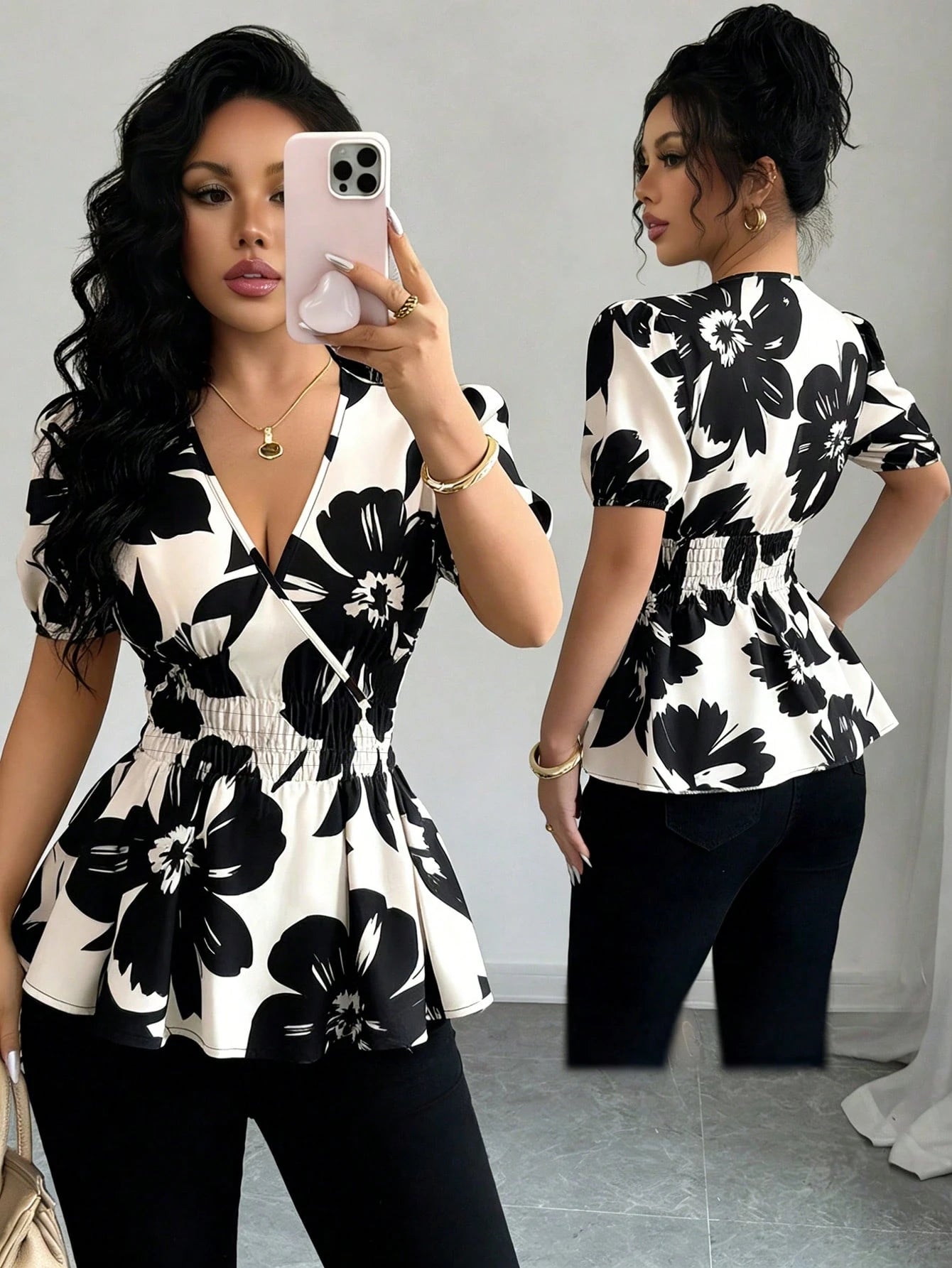 Elenzga Women's Fashionable Elegant Floral Print V-Neck Cinched Waist Blouse