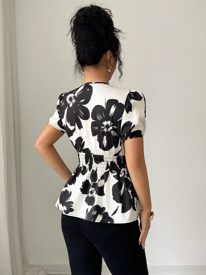 Elenzga Women's Fashionable Elegant Floral Print V-Neck Cinched Waist Blouse