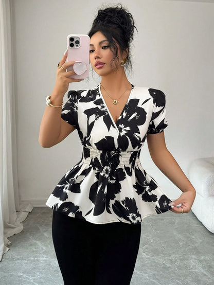 Elenzga Women's Fashionable Elegant Floral Print V-Neck Cinched Waist Blouse
