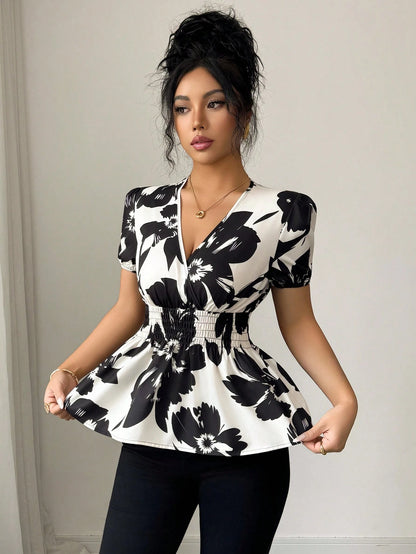 Elenzga Women's Fashionable Elegant Floral Print V-Neck Cinched Waist Blouse
