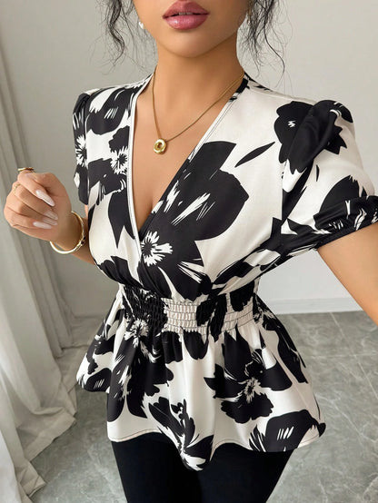 Elenzga Women's Fashionable Elegant Floral Print V-Neck Cinched Waist Blouse