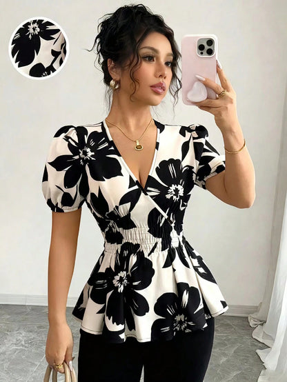 Elenzga Women's Fashionable Elegant Floral Print V-Neck Cinched Waist Blouse