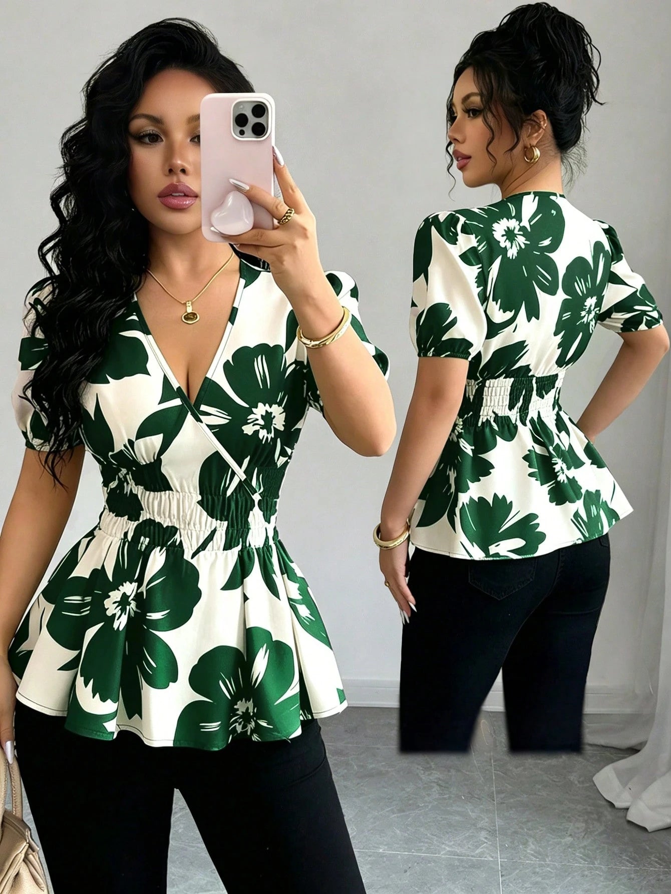 Elenzga Women's Fashionable Elegant Floral Print V-Neck Cinched Waist Blouse