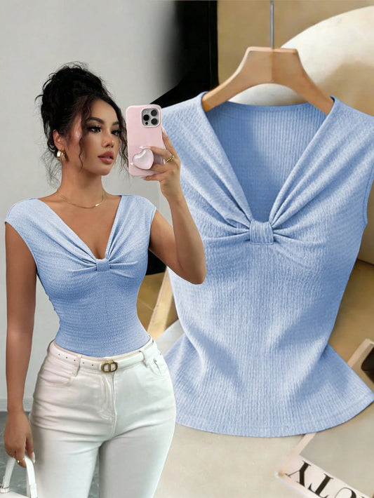 Elenzga Women's Light Blue Summer Elegant Brunch T-Shirt,French Wavy Texture Jacquard Twist V-Neck Fitted Shoulder-Covering Short Sleeve Sweet & Graceful