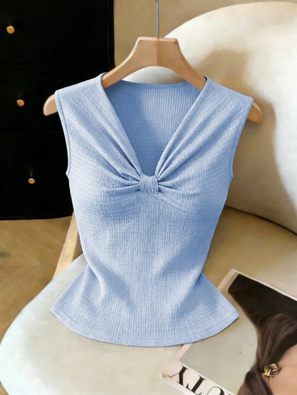 Elenzga Women's Light Blue Summer Elegant Brunch T-Shirt,French Wavy Texture Jacquard Twist V-Neck Fitted Shoulder-Covering Short Sleeve Sweet & Graceful
