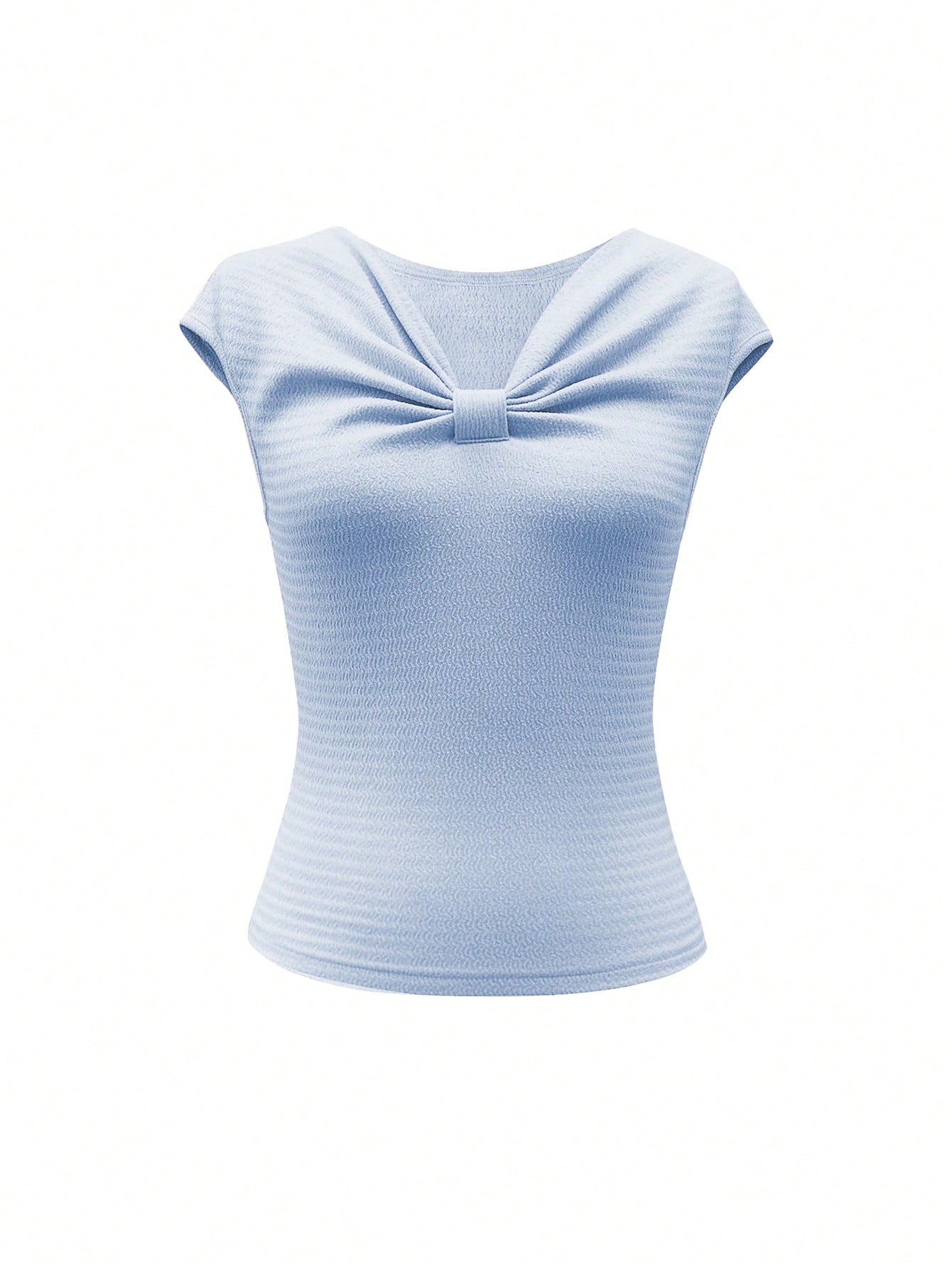 Elenzga Women's Light Blue Summer Elegant Brunch T-Shirt,French Wavy Texture Jacquard Twist V-Neck Fitted Shoulder-Covering Short Sleeve Sweet & Graceful