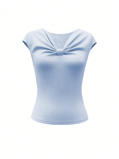 Elenzga Women's Light Blue Summer Elegant Brunch T-Shirt,French Wavy Texture Jacquard Twist V-Neck Fitted Shoulder-Covering Short Sleeve Sweet & Graceful