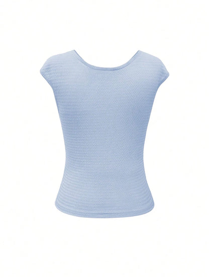 Elenzga Women's Light Blue Summer Elegant Brunch T-Shirt,French Wavy Texture Jacquard Twist V-Neck Fitted Shoulder-Covering Short Sleeve Sweet & Graceful