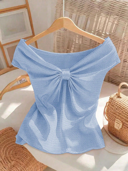 Elenzga Women's Light Blue Summer Elegant Brunch T-Shirt,French Wavy Texture Jacquard Twist V-Neck Fitted Shoulder-Covering Short Sleeve Sweet & Graceful