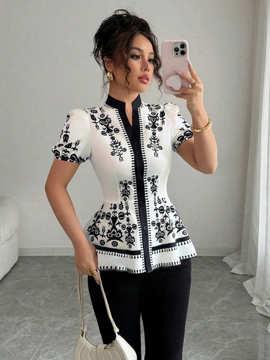 Elenzga Women's Notched Neck Absorbent All-Over Print Elegant Short Sleeve Blouse, Summer